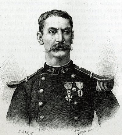 अफ्रीका में अभियान के दौरान कमांडर जोसेफ गैलिएनी का पोर्ट्रेट (1879-1882)। एक तस्वीर के बाद ई. रोंजत द्वारा उत्कीर्णन, "एक्सप्लोरेशन डू हौट नाइजर (हौट नाइजर)" (वर्तमान माली) की कहानी को चित्रित करने के लिए कमांडर जोसेफ गैलिएनी (1849-1916) द्वारा द्वारा एटिने एंटोनी यूजीन रोनजत