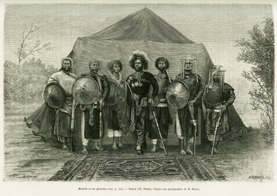 इथियोपिया के राजकुमार मेनेलिक द्वितीय (1844-1913) का पोर्ट्रेट, जो उनके सेनापतियों से घिरा हुआ है। कहानी को चित्रित करने के लिए रोंजत द्वारा उत्कीर्णन, एक तस्वीर के बाद, वोयाज औ चोआ (एबिसिनी मेरिडियोनल) द्वारा एटिने एंटोनी यूजीन रोनजत