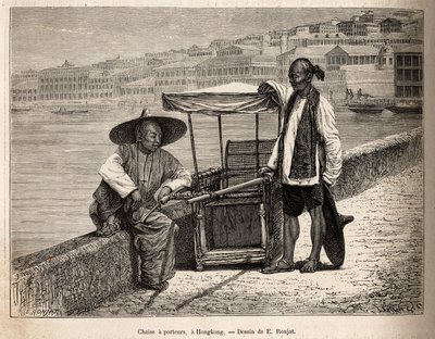 1870-1872 में जे. थॉम्पसन द्वारा ई. रोंजत द्वारा चीन की यात्रा का चित्रण करते हुए, 1875 में "ले टूर डू मोंडे""" 1875 में प्रकाशित, ई. रोंजट द्वारा चीन की यात्रा को चित्रित करते हुए, अपने व्हीलचेयर के पास आराम करते हुए दो वाहक, द्वारा सं द्वारा एटिने एंटोनी यूजीन रोनजत