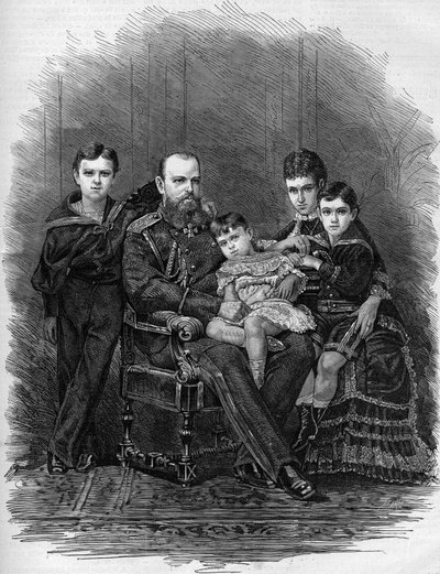 1881 में रूसी शाही परिवार का पोर्ट्रेट: ज़ार अलेक्जेंडर III (1845-1894) और मैरी फेडोरोवना (या फियोडोरोवना, या फेडोरोवना) (मैरी सोफी डागमार) द्वारा एटिने गेब्रियल बोकोर्ट