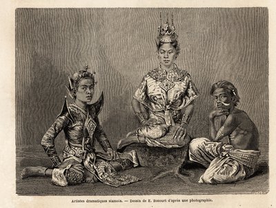 1858 से 1861 तक सियाम, कंबोडिया और लाओस के राज्यों में हेनरी मौहोट की यात्रा को चित्रित करने के लिए ई.बोकोर द्वारा चित्रित स्याम देश के नाटकीय कलाकार। एडौर्ड चार्टन द्वारा संपादित "" ले टूर डू मोंडे" में उत्कीर्णन द्वारा एटिने गेब्रियल बोकोर्ट