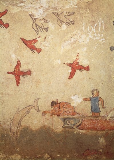 मछली पकड़ने की नाव, शिकार और मछली पकड़ने के मकबरे से, c.520-10 ईसा पूर्व (दीवार पेंटिंग) द्वारा इट्रस्केन