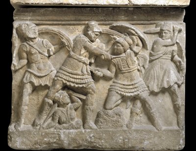 Etruscan कला: "" Eteocle और Polynice "" दो भाई, ओडिपस के बेटे, Chiusi के एक ताबूत की बास राहत, तीसरी शताब्दी ईसा पूर्व - पलेर्मो, म्यूजियो आर्कियोलॉजिको नाज़ियोनेल - भाइयों के बीच द्वंद्वयुद्ध Eteocles और Polynices, ओडिपस के बेटे - बास  द्वारा Etruscan Etruscan