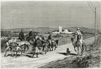 हमारा ट्रेलर चल रहा है। रेने काग्नाट (1852-1937) इतिहासकार और हेनरी सलादीन (1851-1923), वास्तुकार द्वारा "" वॉयज एन ट्यूनीसी "" कहानी को चित्रित करने के लिए यूजीन गिरार्डेट द्वारा उकेरा गया, वास्तुकार, जिसे 1882-1883 में लोक निर्देश मंत द्वारा यूजीन एलेक्सिस गिरार्डेट