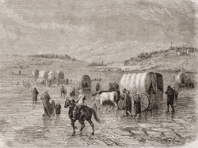 1860 के दशक में एक वैगन ट्रेन हेडिंग वेस्ट, जिसे स्टीफन पैनमेकर (1847-1930) द्वारा उकेरा गया था द्वारा यूजीन एंटोनी सैमुअल लाविल