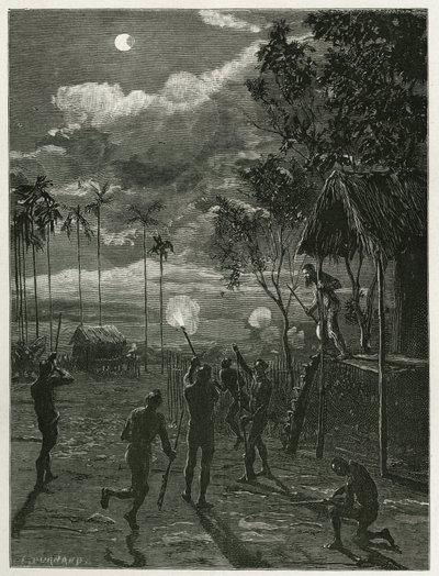 लाओस और जंगली की कहानी को चित्रित करने के लिए, यूजीन बर्नैंड द्वारा उत्कीर्ण, एटोपेयू (लाओस) में, ग्रहण के अधीन चंद्रमा पर शूटिंग, स्वदेशी खास की राइफलों के शोर से आधी रात में डॉ. हरमंद जागते हैं इंडो की आबादी द्वारा यूजीन बर्नैंड