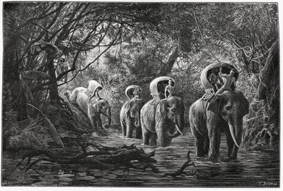 जंगल के रास्ते में, अभियान एक हाथी की पीठ पर यात्रा करता है। 1880 में डॉ. पी.नीस द्वारा "जर्नी इन अपर लाओस" कहानी को चित्रित करने के लिए यूजीन बर्नैंड द्वारा उत्कीर्णन। ले टूर डू मोंडे में प्रकाशित, नोव्यू जर्नल डेस वॉयेज, दूसरा सेमेस्टर 18 द्वारा यूजीन बर्नैंड
