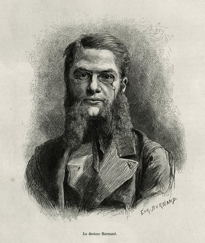 1877 में डॉ हारमंड द्वारा लाओस और इंडोचीन की जंगली आबादी की कहानी को चित्रित करने के लिए यूजीन बर्नांड द्वारा उत्कीर्ण डॉ हरमंद का पोर्ट्रेट, एडौर्ड चार्टन के निर्देशन में टूर डू मोंडे में प्रकाशित हुआ। द्वारा यूजीन बर्नैंड