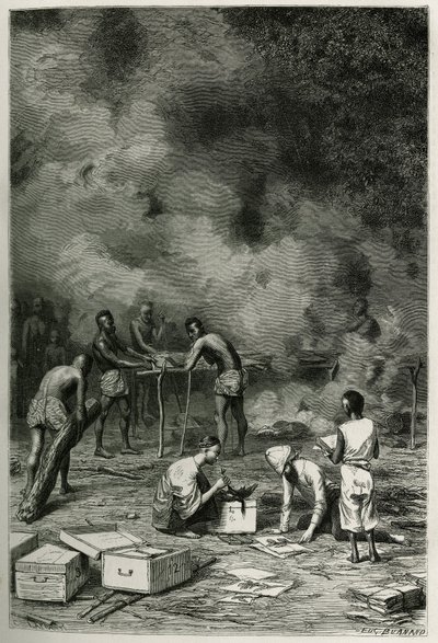 1877 में डॉक्टर हरमंद द्वारा लाओस और इंडोचाइना की जंगली आबादी की कहानी को चित्रित करने के लिए, यूजीन बर्नैंड द्वारा उत्कीर्ण, डॉक्टर द्वारा उन्हें वर्गीकृत करने और उन्हें अपने टोकरे में संग्रहीत करने से पहले, बड़े बांस की मिट्टी पर हर्बेरियम के पौधों का सू द्वारा यूजीन बर्नैंड