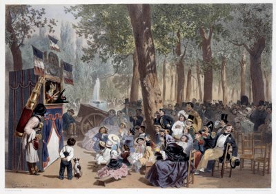 19वीं सदी में पेरिस में चैंप्स एलिसीज़ पर गिग्नोल का शो। यूजीन गुएरार्ड (1821-1866) 19वीं सदी के पेरिस, मुसी कार्नावाले द्वारा प्रिंट द्वारा यूजीन चार्ल्स फ्रेंकोइस ग्वार्ड