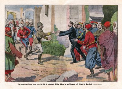 मोरक्को की घटनाएँ, ह्यूबर्ट (लुई-ह्यूबर्ट-गोंजाल्वे) ल्युटे (1854-1934) और चार्ल्स मैंगिन (1866-1925) के सैनिकों द्वारा माराकेच से लिया गया। कमांडर साइमन, ढोंग अल-हिबा (एल हिबा) (अहमद अल-हिबा (अल हिबा)) से भागने के बाद, नौ को रिहा कर दिया द्वारा यूजीन डंबलान्स