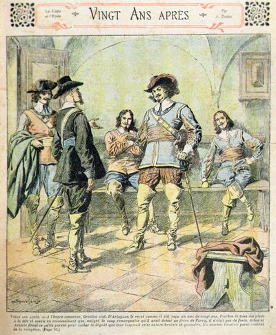 अलेक्जेंड्रे डुमास पेरे (1803-70) द्वारा 'जर्नल डेस रोमन्स पॉपुलैरेस इलस्ट्रेस', c.1900 (कलर लिथो) से 'विंग्ट एन्स एप्रेस' के सीरियलाइज़ेशन का फ्रंट कवर द्वारा यूजीन डंबलान्स