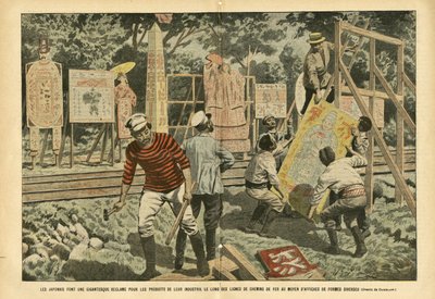 ले पेलेरिन में यूजीन डंबलन्स (1865-1945) द्वारा चित्रण, ०३/०९/०५ - जापानी विभिन्न आकृतियों के पोस्टर के साथ रेलवे लाइनों के साथ अपने उद्योग के उत्पादों के लिए एक विशाल दावा करते हैं - विज्ञापन, जापान, रेलवे ट्रेन, पोस्टर पोस्टर द्वारा यूजीन डंबलान्स