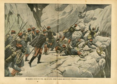 ले पेलेरिन में यूजीन डंबलन्स (1865-1945) का चित्रण, 06/03/04 - आल्प्स में पारे दर्रे पर एक हिमस्खलन, जिससे 157वें इन्फैंट्री में कई मौतें हुईं - विभिन्न तथ्य, आर्मी, माउंटेन माउंटेनियरिंग क्लाइंबिंग, इन्फैंट्री , आल्प्स, हिमस्खलन - सैनिक द्वारा यूजीन डंबलान्स
