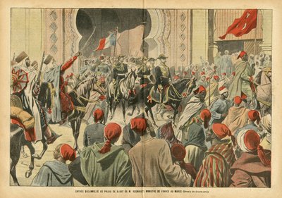 ले पेलेरिन में यूजीन डंबलन्स (1865-1945) का चित्रण, 20/10/07 - मोरक्को में फ्रांस के मंत्री श्री रेग्नॉल्ट द्वारा पालिस डी रबात के लिए गंभीर प्रवेश - उपनिवेशवाद उपनिवेशवाद कालोनियों, वास्तुकला शहरीकरण, मोरक्को, आधिकारिक यात्रा - रेग्नॉल्ट यूज द्वारा यूजीन डंबलान्स