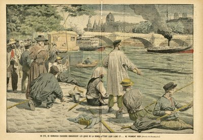 ले पेलेरिन में यूजीन डंबलन्स (1865-1945) का चित्रण, 23/06/05 - गर्मियों में, कई पेरिसवासी सीन के तट पर आक्रमण करते हैं और अपनी लाइन फेंकते हैं और ... कुछ भी नहीं लेते - लोइसिर, पेरिस, फिशिंग पेचर पेचेउर, पोंट , सीन (नदी), एटे, पेनिच, केन ए फिश द्वारा यूजीन डंबलान्स