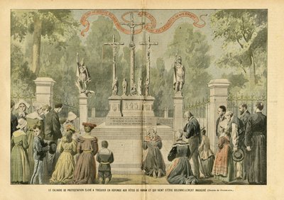 ले पेलेरिन में यूजीन डंबलन्स (1865-1945) का चित्रण, २९/०५/०४ - रेनान के पर्वों के जवाब में ट्रेगुएयर में विरोध की कलवारी उठाई गई और जिसका अभी-अभी उद्घाटन किया गया है - धर्म विश्वास, ब्रिटनी, ट्रेगुएयर, कैथोलिक कैथोलिक धर्म - समर्थक द्वारा यूजीन डंबलान्स