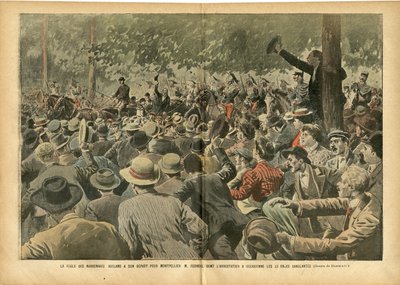 ले पेलेरिन में यूजीन डंबलन्स (1865-1945) का चित्रण, 30/06/07 - नारबोनिस भीड़ मोंटपेलियर एम। फेरौल के लिए जयकार करती है, जिसकी गिरफ्तारी के कारण खूनी दिन - सामाजिक, शराब, शराब संकट वाइनग्रोवर विद्रोह, नारबोन - फेरौल अर्नेस्ट (1853- १९२१) द्वारा यूजीन डंबलान्स