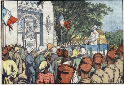डकार में उद्घाटन, आंद्रे मैजिनॉट (1877-1932), कालोनियों के मंत्री द्वारा, फ्रांसीसी पश्चिम अफ्रीका के तीस हजार मृतकों के स्मारक का। डम्बलन्स का चित्रण। 10 मार्च के "" ले पेलेरिन "" में द्वारा यूजीन डंबलान्स