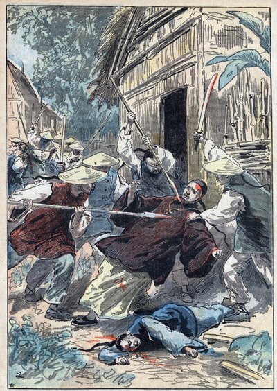 फ्रांसीसी पुजारी बर्थोलेट (1865-1898), विदेशी मिशनों के पुजारी, की 21 अप्रैल 1898 को युन नगन चेउ (युन-नगन-चेउ) शहर के पास चीनी राष्ट्रीय रक्षकों द्वारा हत्या कर दी गई थी। "ले पेलेरिन" में डंबल्स का चित्रण "10 जुलाई" द्वारा यूजीन डंबलान्स