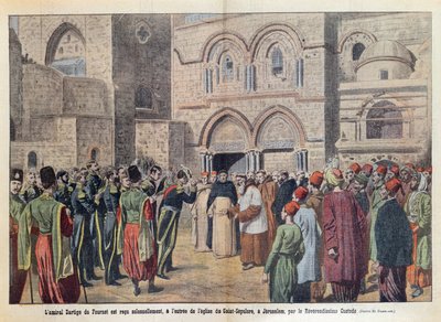 यरूशलेम में पवित्र सेपुलर के चर्च में एडमिरल डार्टिज डू फोरनेट (1856-1940) का स्वागत, &39;ले पेलेरिन&39; पत्रिका 2 अगस्त 1911 से चित्रण द्वारा यूजीन डंबलान्स