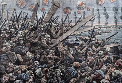 युद्ध १९१४-१९१८। बेल्जियम के सामने 1914. यसर पर जर्मन सैनिक। डंबलन्स द्वारा ड्राइंग। द्वारा यूजीन डंबलान्स
