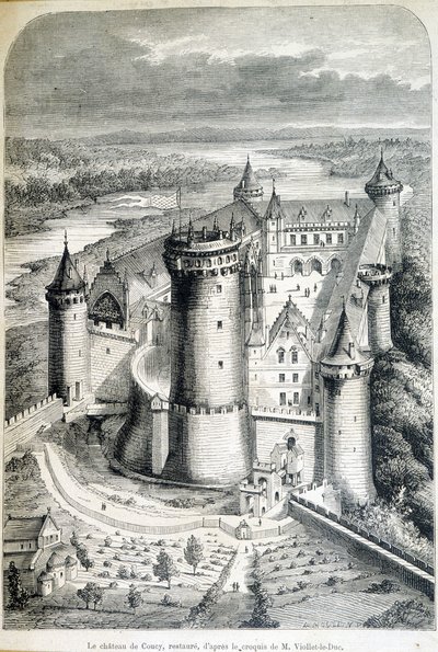 Le Chateau de Coucy, पुनर्स्थापित करता है - स्केच से उत्कीर्णन // यूजीन वायलेट-ले-ड्यूक (वायलेट ले ड्यूक) (1814-1879) द्वारा - "" ले मोंडे शानदार "" 8/05/1858 का। द्वारा यूजीन इमैनुएल (बाद में) वायलेट ले डुक