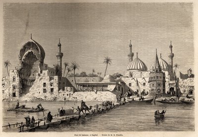 1840-1842 में मेसोपोटामिया की अपनी यात्रा को चित्रित करने के लिए, यूजीन फ़्लैंडिन (1809-1876) द्वारा चित्रित बगदाद में एक नाव पुल। "" ले टूर डू मोंडे "" 1861 में उत्कीर्णन। सेल्वा का संग्रह। द्वारा यूजीन फ़्लैंडिन