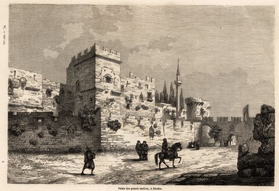 रोड्स में महान उस्तादों का महल, यूजीन फ्लैंडिन द्वारा 1844 में रोड्स द्वीप की अपनी यात्रा को चित्रित करने के लिए चित्रित किया गया था। एडौर्ड चार्टन द्वारा संपादित "" ले टूर डू मोंडे" में उत्कीर्णन द्वारा यूजीन फ़्लैंडिन