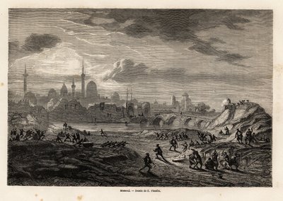 टाइगर नदी के तट पर मोसुल (इराक) का दृश्य, यूजीन फ्लैंडिन द्वारा चित्रित, विवियन डी सेंट मार्टिन के 1844 से 1860 तक नीनवे के अभियान को चित्रित करने के लिए। एडौर्ड चार्टन द्वारा संपादित "" ले टूर डू मोंडे "" में उत्कीर्णन द्वारा यूजीन फ़्लैंडिन
