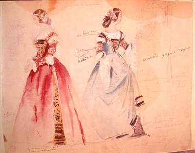 अल्फ्रेड डी मुसेट (1810-1857) (कागज पर पानी के रंग) द्वारा 'लेस कैप्रिस डी मैरिएन' के निर्माण के समय दो महिला पोशाक डिजाइन द्वारा यूजीन गिरौद