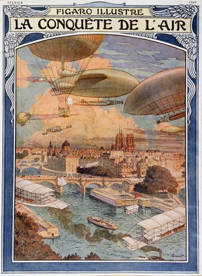 La conquete de l'air: पेरिस के ऊपर हवाई पोत, गुब्बारा और गुब्बारा, फरवरी 1909 के "" फिगारो इलस्ट्रे" में कवर, यूजीन ग्रासेट (1845-1917) द्वारा चित्रण। सजावटी कला पुस्तकालय, पेरिस द्वारा यूजीन ग्रासेट