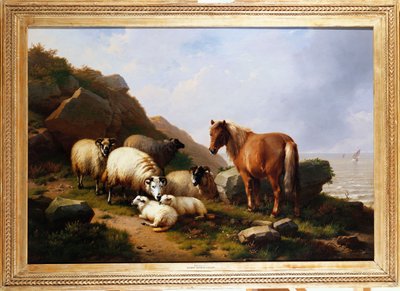 1868 से परे एक नौकायन पोत के साथ एक चट्टान पर एक टट्टू और भेड़ द्वारा यूजीन जोसेफ वेर्बोकेवन