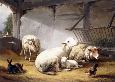 भेड़, खरगोश और एक चिकन एक खलिहान में, 1859 द्वारा यूजीन जोसेफ वेर्बोकेवन