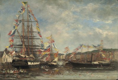 हार्बर ऑफ होनफेलुर में उत्सव, 1858 (लकड़ी पर तेल) द्वारा Eugene Louis Boudin
