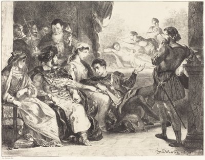 हेमलेट्स फादर एक्ट III, सीन II, 1835 के जहर को अधिनियमित करने वाले खिलाड़ी। द्वारा यूजीन डेलाक्रोइक्स