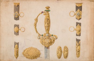 एक तलवार मूठ, म्यान और बेल्ट फिटिंग के लिए डिज़ाइन, ca. 1840-50. द्वारा यूजीन जुलिएन।