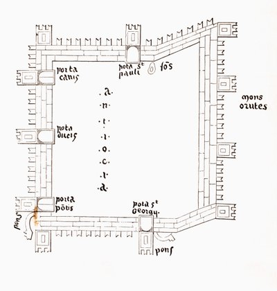 13 वीं शताब्दी की एक योजना Antioch अपने पांच द्वार दिखा रही है, c.1880 द्वारा यूरोपीय स्कूल