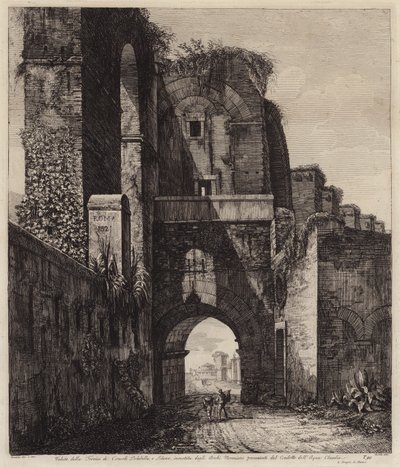एक्वा क्लाउडिया, रोम, इटली (उत्कीर्णन) के नेरोनियन मेहराब के भीतर संलग्न डोलाबेला और सिलैनस के मेहराब द्वारा यूरोपीय स्कूल
