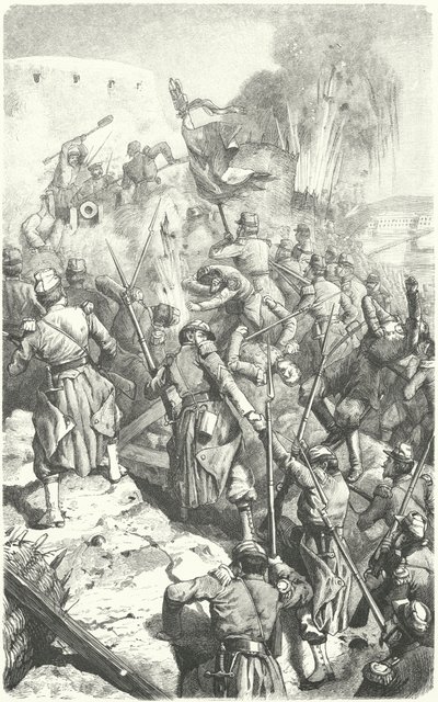 सेवस्तोपोल की घेराबंदी के दौरान मालाकॉफ रिडाउट पर कब्जा, 8 सितंबर 1855 (उत्कीर्णन) द्वारा यूरोपीय स्कूल