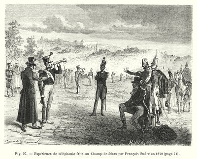 1829 में फ्रेंकोइस सुद्रे द्वारा चैंप-डी-मार्स में बनाया गया टेलीफोन अनुभव (उत्कीर्णन) द्वारा यूरोपीय स्कूल