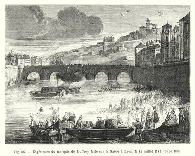 15 जुलाई, 1783 (उत्कीर्णन) में ल्यों में साओन पर बने मार्क्विस डी जौफ़रॉय का अनुभव द्वारा यूरोपीय स्कूल