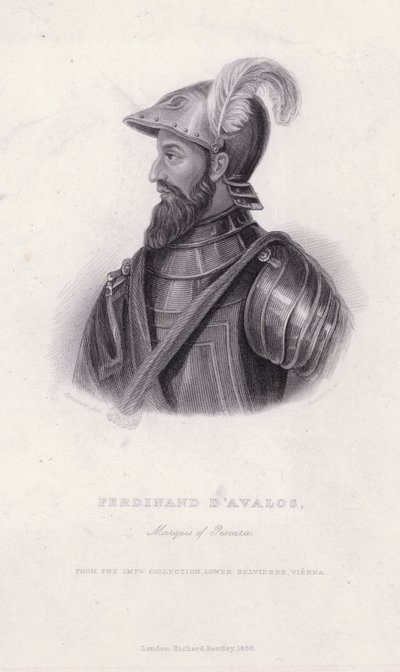 फर्डिनेंड डी अवलोस, पेस्कारा के 5 वें मार्क्विस (1489-1525), हैब्सबर्ग्स और फ्रेंच (उत्कीर्णन) के बीच इतालवी युद्धों में अर्गोनी सैन्य कमांडर द्वारा यूरोपीय स्कूल