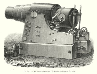 1867 की सार्वभौमिक प्रदर्शनी की राक्षस तोप (उत्कीर्णन) द्वारा यूरोपीय स्कूल