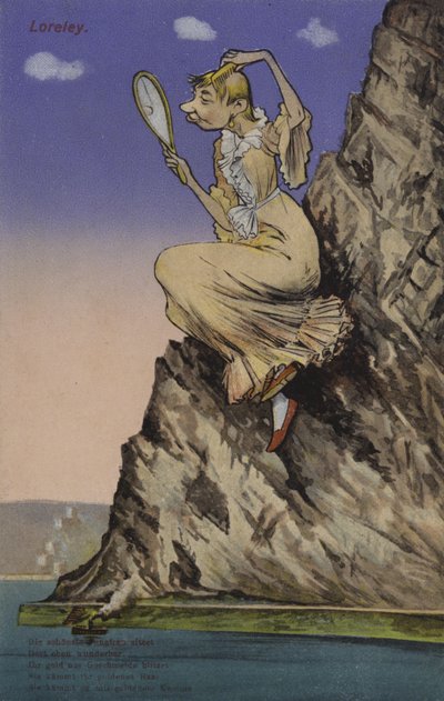 लोरेली, खुद को एक आईने में निहारते हुए (कलर लिथो) द्वारा यूरोपीय स्कूल