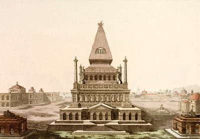 हलिकर्नासस में समाधि, फारसी क्षत्रप मौसोलस का मकबरा, प्राचीन विश्व के सात अजूबों में से एक (रंगीन उत्कीर्णन) द्वारा यूरोपीय स्कूल