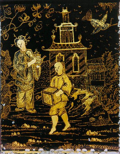 चायदानी चीनी तरीके से एक कुली और एक चायदानी (धातु) ले जाने वाली महिला को दर्शाती है द्वारा यूरोपीय स्कूल