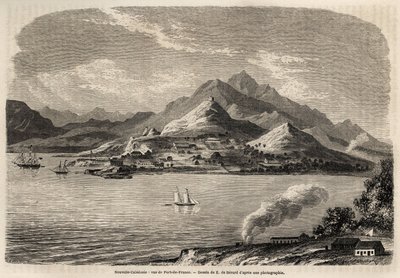1859 में विक्टर डी रोचास की न्यू कैलेडोनिया की यात्रा को चित्रित करने के लिए एवरमॉन्ट डी बेरार्ड (1824-1881) द्वारा चित्रित पोर्ट ऑफ फ्रांस, न्यू कैलेडोनिया का दृश्य। 1861 में "ले टूर डू मोंडे" में उत्कीर्णन। सेल्वा का संग्रह। द्वारा एवरमोंड डे (बाद में) बेरार्डो