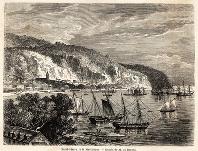 एंथनी ट्रोलोप (1815-1882) द्वारा 1858-1859 में वेस्ट इंडीज की यात्राओं को चित्रित करने के लिए ऑगस्टे डी बेरार्ड (1824-1881) द्वारा चित्रित मार्टीनिक में सेंट पियरे का दृश्य। "दुनिया भर में, नई यात्रा पत्रिका" "पेरिस" में उत्कीर्णन द्वारा एवरमोंड डे (बाद में) बेरार्डो