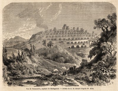 मेडागास्कर की राजधानी तानानारिव का दृश्य, एवरमोंड डी बेरार्ड (1824-1881) द्वारा चित्रित, 1857 में इडा फ़िफ़र की मेडागास्कर की यात्रा को चित्रित करने के लिए। 1861 में "ले टूर डू मोंडे" में उत्कीर्णन। सेल्वा का संग्रह। द्वारा एवरमोंड डे (बाद में) बेरार्डो